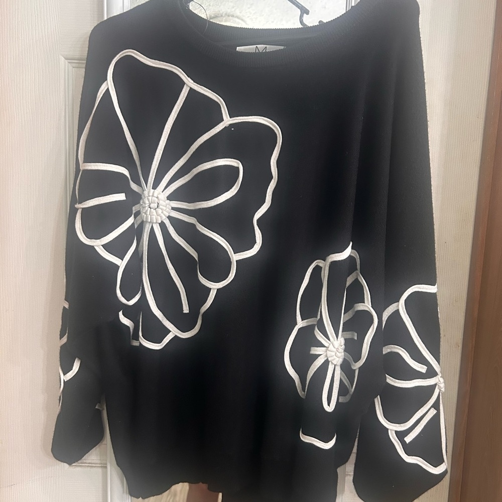 Magaschoni Black Sweater with White Floral Appliqué